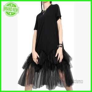 Oversized Tulle Tutu Dress Short Sleeve Crew Neck Midi Casual Plus Size
